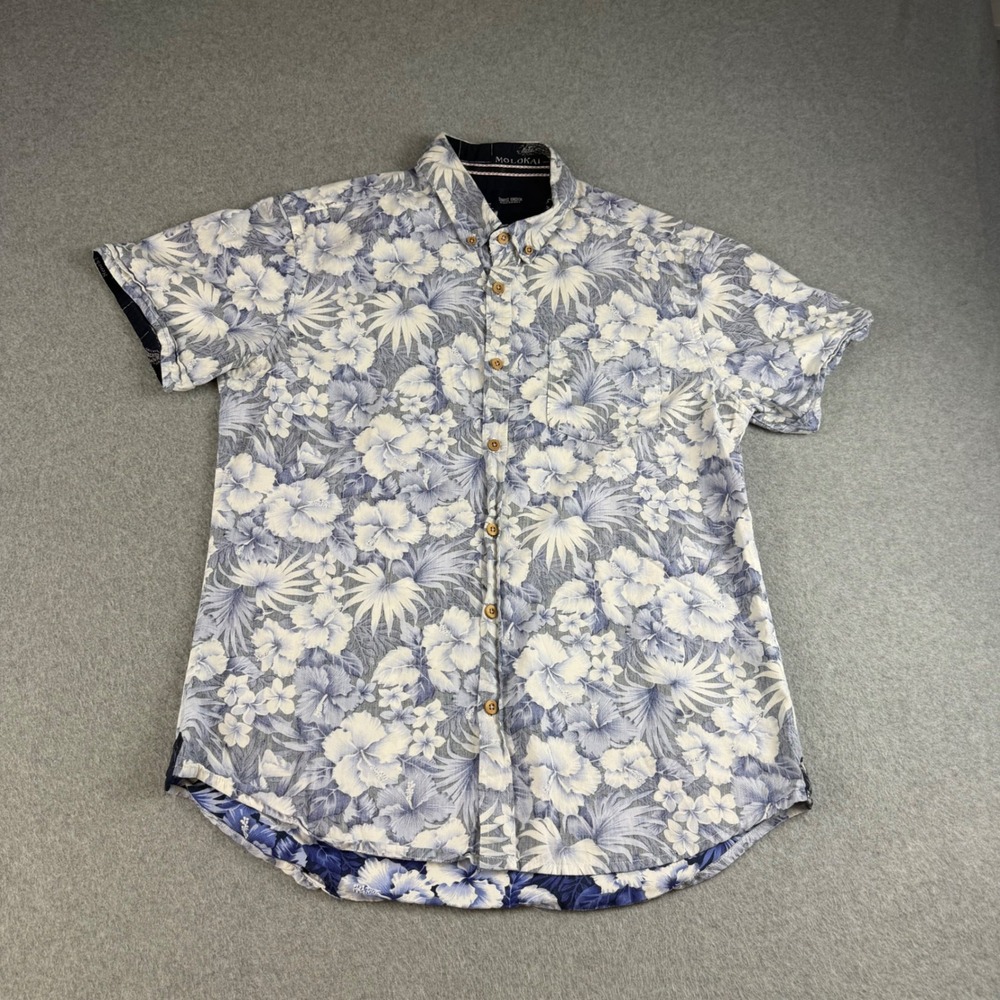 Sunrise Kingdom Molokai Mens Blue Hibiscus Floral Cotton Button Down Shirt M